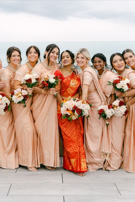 Beautiful Indian Wedding Party Bride and Bridesmaids | hindu wedding inspo, hindu wedding ceremony, indian wedding inspo, modern indian bride, wedding aesthetic indian, north indian wedding, desi bridesmaids, indian wedding couple photography, wedding photography poses, south asian wedding planner, beautiful indian wedding picture, boston wedding florist, south asian wedding ideas, south asian wedding, boston wedding designer, indian wedding outfits, Mandap design, Hindu wedding decorations South Indian Wedding Aesthetic Decor, Hindu Wedding Bouquet, Hindu Bridesmaids Outfits, Hindu Wedding Aesthetic, South Indian Wedding Aesthetic, Wedding Aesthetic Indian, Hindu Tamil Wedding, South Indian Bridesmaids, Bridesmaids Indian