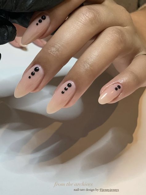 Three Dot Nails, French Tip Nails With Dots, Dot French Tip Nails, Nails With Dots Simple, Fun Neutral Nails, Nails With Dots, Natrual Nails, Black And Nude Nails, Dot Nail Designs