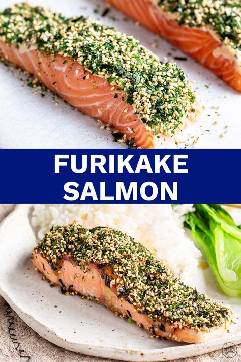 This Furikake Salmon is an easy, delicious, and healthy dish, perfect for busy weeknights as it can be on the table in under 20 minutes! This recipe has only 5 ingredients but is still so flavorful, thanks to the furikake, an umami-packed Japanese seasoning. The salmon is meltingly tender and can be cooked in the oven or air fryer. If you love salmon, then this recipe is a must-try! Serve it with some steamed greens and rice for a quick, delicious, simple meal that is sure to impress. Furikake Salmon Recipe, Furikake Salmon, Steamed Greens, Japanese Seasoning, Seasoned Rice, Quick Lunches, Grilled Salmon, Salmon Fillets, Best Dishes