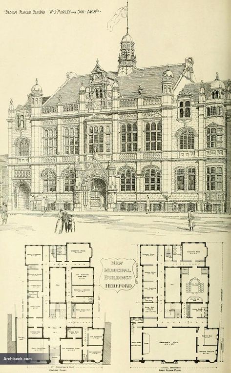 Mansion Architecture, Building Blueprints, Manor Floor Plan, Municipal Building, Architecture Blueprints, Victorian House Plans, Mansion Floor Plan, Architectural Competition, Vintage House Plans