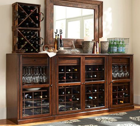 Pottery barn Wine Credenza, Wine Organization, Wine Closet, Dining Room Furniture Sets, Coffee Bar Home, Home Bar Designs, Bar Room, Entertainment Bar, Wine Room