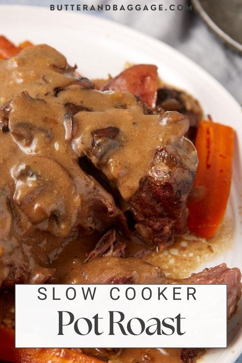 A slow cooker pot roast with mushroom gravy. Healthy Pot Roast, Roast And Veggies, Easy Slow Cooker Pot Roast, Slow Cooker Pot Roast Recipes, Slow Cooker Pot Roast, Slow Cooker Recipes Pork, Pot Roast Recipe, Tender Meat, Pot Roast Slow Cooker