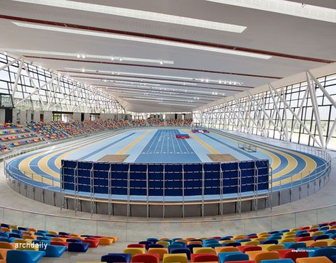 Gymnasium Architecture, Sports Facility Architecture, Architecture Journal, Athletics Track, Sport Center, Stadium Architecture, Prefab Buildings, Indoor Track, Indoor Arena