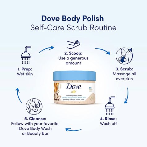 About this item -CARE WHILE YOU EXFOLIATE - Massage Dove Exfoliating Body Polish onto wet skin in the shower, before you cleanse with your favorite Dove Body Wash or Dove Beauty Bar -THOUGHTFULLY MADE - This body scrub is PETA-certified cruelty-free. Feel good about switching to Dove. A great addition to your skin care routine Dove Scrub, Dove Exfoliating Body Polish, Smooth Skin Body, Exfoliating Body Polish, Best Body Scrub, Dove Body Wash, Exfoliating Body Scrub, Diy Body Care, Rice Milk