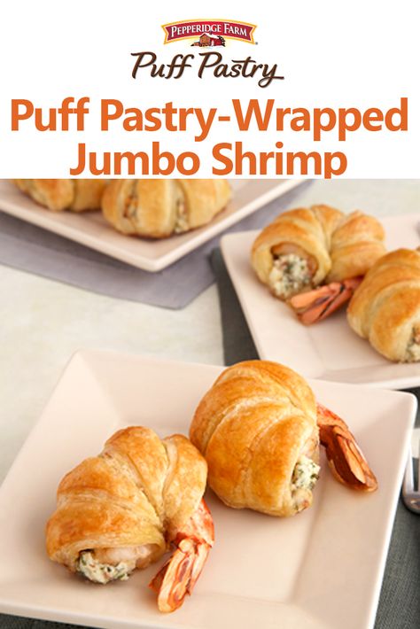 Puff Pastry-Wrapped Jumbo Shrimp Recipe. There’s nothing shrimpy about these Puff Pastry-Wrapped Jumbo Shrimp stuffed with a blend of cheese, bacon and parsley!Wow the guests at your next party with this elegant and delicious appetizer. They’re a guaranteed party hit! Shrimp Puff Pastry, Puff Pastry Recipes Appetizers, Jumbo Shrimp Recipes, Pepperidge Farm Puff Pastry, Puff Pastry Appetizers, Pastry Appetizer, Pillsbury Recipes, Jumbo Shrimp, Christmas Foods