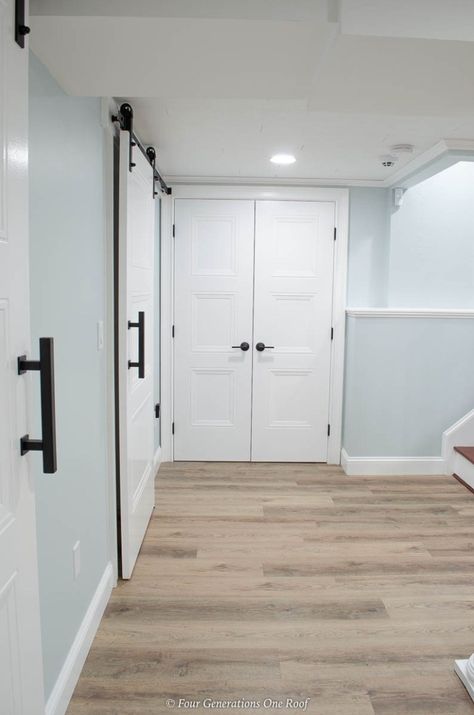 White Oak Basement, Basement Colors Ideas, Wall Color Inspiration, Basement Theatre, Basement Makeover Ideas, Studio Basement, Oak Vinyl Flooring, Basement Wall Colors, Basement Redesign