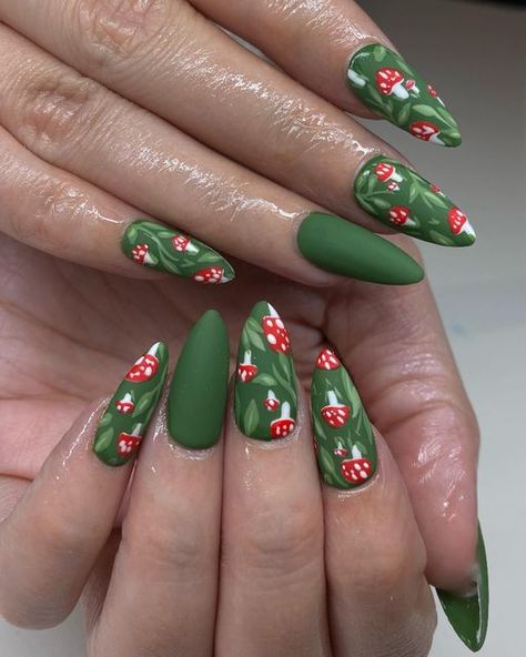 Mushroom Themed Nails, Trippy Mushroom Nails, Shroom Nails, Mushroom Nail Designs, Cottage Core Nails, Mushrooms Nails, Nails Cottagecore, Landscape Nails, Plant Nails