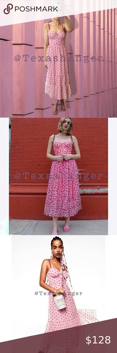 NWT Betsey Johnson Classically Betsey Pink Heart Dress Sz 2 Betsey Johnson Heart Dress, Pink Heart Dress, Mesh Midi Dress, Hearts Pattern, Betsey Johnson Dresses, Heart Dress, Sweetheart Neck, Foil Print, Tiered Skirt