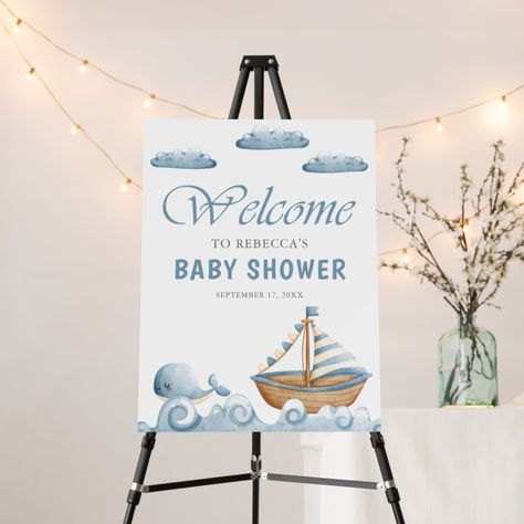 Coastal Baby Shower Theme, Whale Baby Shower Theme, Nautical Theme Baby Shower, Baby Shower Supplies, Nautical Baby Shower, Shower Welcome Sign, Baby Shower Welcome Sign, Sail Boat, Baby Shower Theme