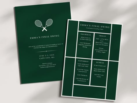 This Last Swing bachelorette invitation template features classic fonts and a simple design inspired by a tennis court. The original design boasts a dark green color palette but you can change the colors or swap out the background to match your event color palette! Our Cocktails & Country Clubs Invitation Template is the perfect choice for your upcoming tennis bachelorette weekend or country club-themed bachelorette party. This editable and printable invitation template will add a touch of elegance and excitement to your event. Update the template with your itinerary and details and get ready for a weekend of tennis & tequila to celebrate the bride-to-be! This template is 100% editable using a free account on Canva.com that allows you to access links to your templates immediately after pur Dark Green Color Palette, Tennis Bachelorette, Tennis Wedding, Bar Concept, Tennis Birthday, Bachelorette Invite, Bachelorette Invitation, Cha Bar, Bachelorette Themes