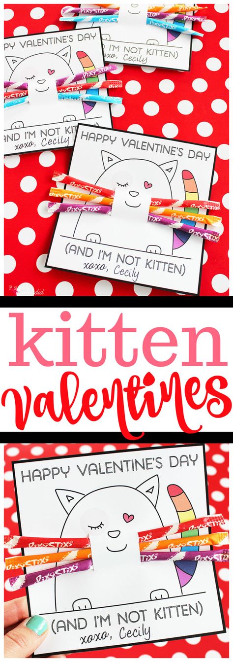 DIY Valentines Day Card for Kids #diy #valentinesday #diyvalentine Kitten Valentine Cards, Printable Valentine Bookmarks, Kitten Valentine, Valentine Cards For Kids, Valentines Bookmarks, Valentinstag Party, Valentine's Day Printables, Free Card, Homemade Valentines