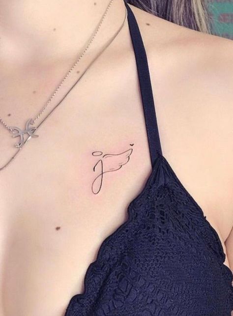 Rip Tattoos For Husband, Tattoos For Late Grandma, Initial Wings Tattoo, Angel Initial Tattoo, Collar Bone Memorial Tattoo, J Butterfly Tattoo, Minimalistic Memorial Tattoos, Small Remembrance Tattoos Grandpa, Widow Tattoos For Women