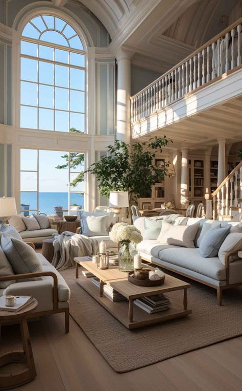 Revel in the allure of a Hamptons living room, featuring a soothing palette of whites, blues, and sandy beiges. Cozy throws and coastal decor bring comfort in colder months, while in summer, the space radiates with light and airy ease. See more on Nymphs Daily Blog. French Country Coastal Decor, Luxury Beach House Living Room, Light And Airy Living Room Cozy, French Beach House, Country Coastal Decor, Hamptons Living Room, Hamptons Interior, Hamptons Home, Beach House Living Room