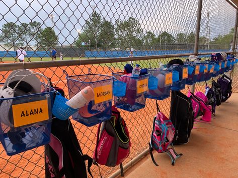 Softball Dugout Organization Diy, T Ball Dugout Organization, Softball Dugout Ideas Team Mom, Dugout Organization Softball, Baseball Baskets For Dugout, Baseball Team Mom Organization, Dugout Organization Baseball, Softball Team Snack Ideas, End Of Season Tball Gifts For Players