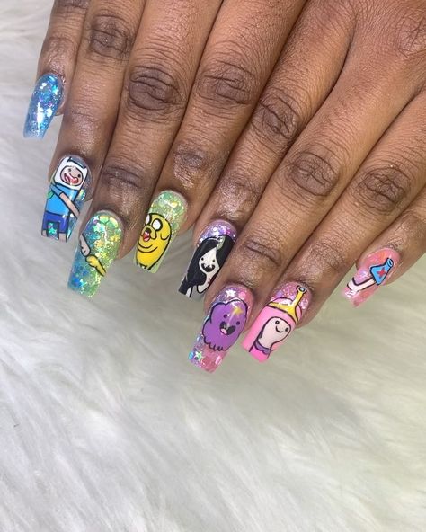 STING Beauty Studio on Instagram: “It’s Adventure Time ��🗡 Hand painted characters and the gang’s all here! Book this look under ‘Character Art Full Set’ What cartoons should I…” Adventure Time Characters All, Adventure Time Nail Art, Marceline Nails, Adventure Time Nails, Painted Characters, Peppermint Butler, Character Nails, Cartoon Nails, Cosmo And Wanda