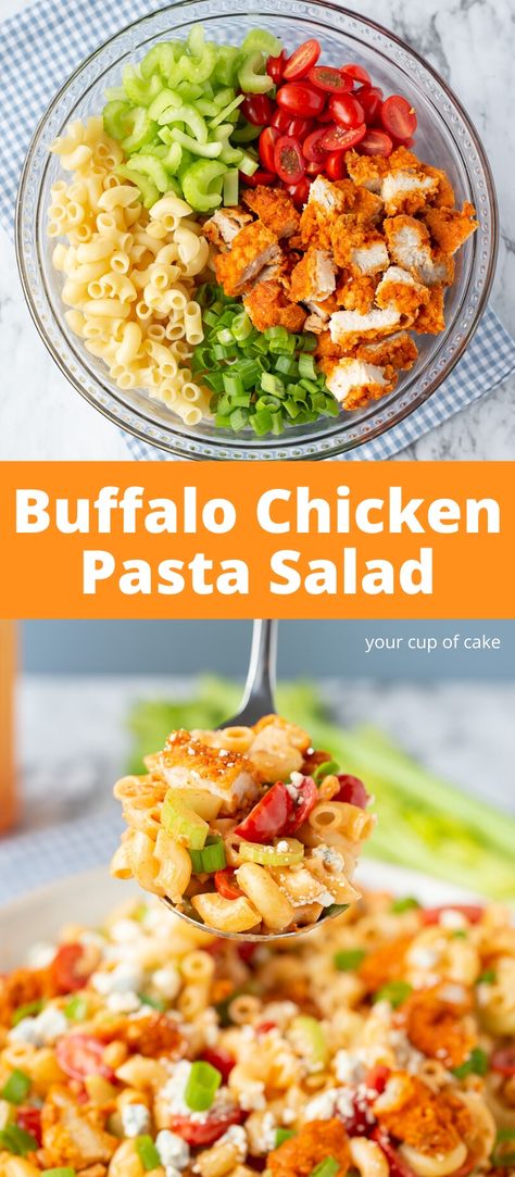 Easy Buffalo Chicken Pasta Salad - Your Cup of Cake Pasta Salad Dinner, Buffalo Chicken Pasta Salad, Chicken Pasta Salad Recipes, Crab Salad Recipe, Layered Salad Recipes, Easy Buffalo Chicken, Buffalo Chicken Pasta, Salad Dinner, Spinach Salad Recipes