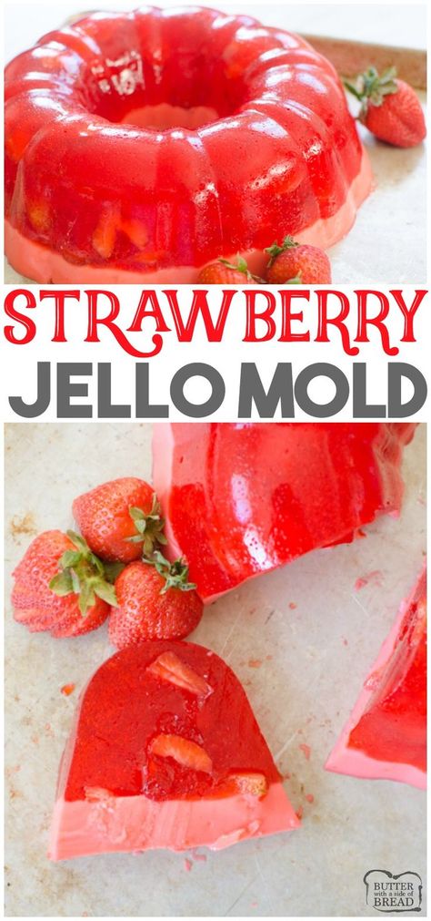 Strawberry Jello Mold is a fun way and delicious way to serve jello salad. The jello is set in a bundt pan & has two layers, fresh strawberries in jello and a creamy sweet jello bottom layer! Perfect way to serve a fancy jello treat! #jello #strawberries #salad #fruit #Christmas #Valentines #jellosalad #jellomold #recipe from BUTTER WITH A SIDE OF BREAD Jello Strawberries, Strawberry Jello Mold, Fancy Jello, Strawberries Salad, Strawberry Jello Salad, Jello Fruit Salads, Jello With Fruit, Jello Mold Recipes, Fruit Christmas