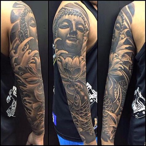 flowers-buddha-sleeve-tattoos-arm-tattoos-for-women-black-top Buddha Tattoo Sleeve, Small Dragon Tattoos, Quarter Sleeve Tattoos, Animal Sleeve Tattoo, Buddha Tattoo Design, Tattoos Arm, Skull Sleeve Tattoos, Girl Arm Tattoos, Girls With Sleeve Tattoos