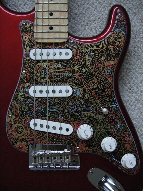 Pickguard for Stratocaster painted by Jesper Eriksson, Sweden, www.jespereriksson.nu Painted Pickguard, Pickguard Design, Pickguard Art, Black Stratocaster, White Stratocaster, Squier Stratocaster, Guitar Inspiration, Fender Guitars Stratocaster, Pick Guard