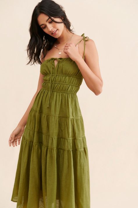 Hallie Ruched Midi Dress | Nuuly Rent Muted Green Dress, Nuuly Outfit Ideas, Earth Tone Dresses Wedding Guest, Sundress With Sleeves, Audrey Hepburn Moon River, Pear Fashion, Fall Midi Dress, Strappy Back Dress, Chartreuse Dress