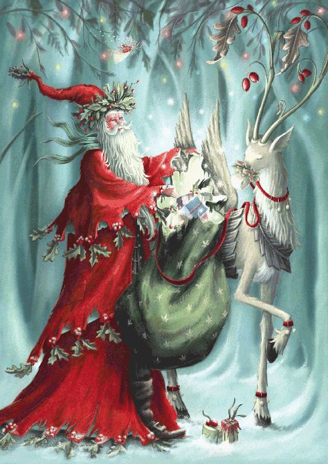 Santa Claus carrying a sack of Christmas presents and one of his flying reindeer. Santa Klaus, Illustration Noel, Christmas Fairy, Christmas Scenes, Santa And Reindeer, Noel Christmas, Vintage Christmas Cards, Christmas Paintings, Christmas Illustration