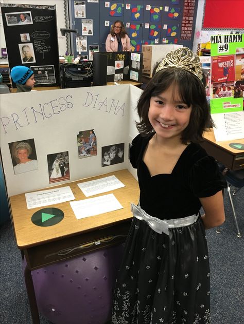 2nd grade wax museum Amy as Princess Diana Wax Museum School Project Ideas, Living Wax Museum Project Kids, Wax Museum School Project Girl, Wax Museum Ideas, Wax Museum School Project, Wax Museum Project, Princess Diana Humanitarian Work, Biography Project, Mia Hamm