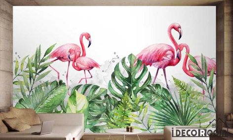 Wallpaper For Home Wall, Geometric Wallpaper Design, Painted Wallpaper, Wallpaper For Home, Flamingo Wallpaper, Normal Wallpaper, Hand Painted Wallpaper, Leaves Wallpaper, Tropical Wallpaper