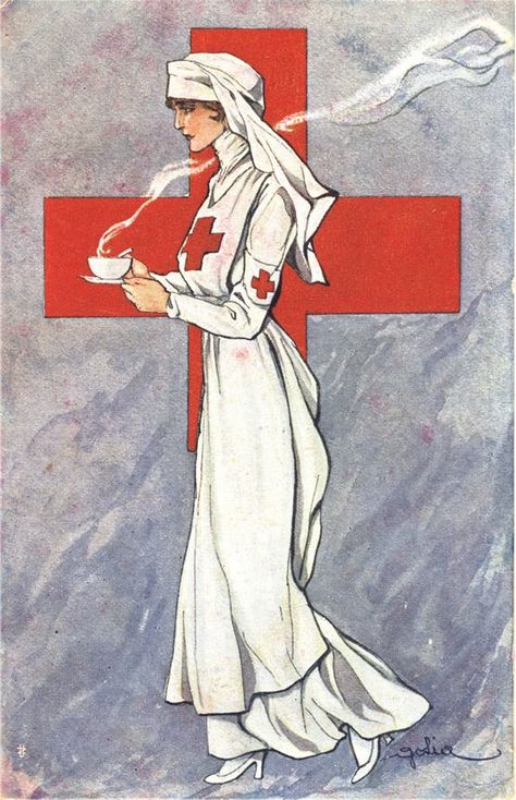 An illustration of a nurse carrying a hot beverage, ca. 1915. Pictures of Nursing: The Zwerdling Postcard Collection. National Library of Medicine Red Cross Nurse, Nurse Tattoo, Nurse Aesthetic, Nurse Art, Digital Gallery, Nurse Rock, Vintage Nurse, American Red Cross, National Library