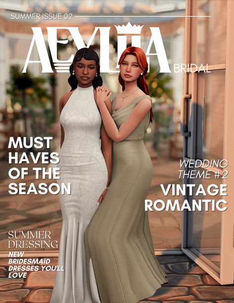 by @aeyliiabridal Summer issue 02 is out! So excited to share these magazine styled lookbooks with you, and I hope they inspire you to create something magical for your sims weddings. All of these… Sims 4 Tiara Maxis Match, Sims 4 Cc Clothes Serenity, Madlen Sims 4 Cc Clothes, Sims 4 Bridal Cc, Sims 4 Prom Dress Cc Maxis Match, Mm Cc Sims 4, Sims4 Wedding Dress, Serenity Sims 4 Cc, Sims 4 Cc Dresses Party