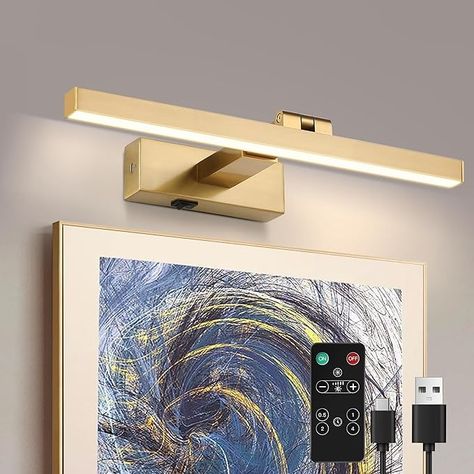 ZitoStory Battery Operated Picture Lights for Wall Dimmable Wireless Art Lights for Paintings Adjustable Wall Sconce with Remote (Brass, 16inch) - Amazon.com Gold Picture Wall, Lights For Wall, Light Picture Wall, Picture Lights, Wall Light Fixtures, Led Wall Lights, Picture Light, Modern Office, Light Art