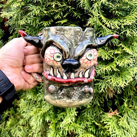 Ceramic Monster Mug, Goon Mug, Hand-built and underglazes with @speedballceramics underglazes Monster Mugs, Monster Cup, Monster Mug, Ceramic Monsters, Horror Stuff, Hand Built, Art Class, Mug Cup, Art Classes