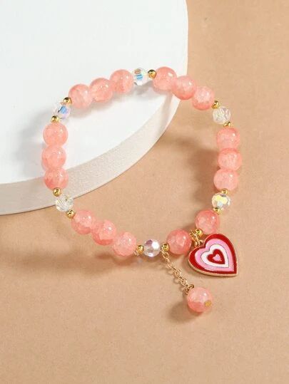 Women's & Men's Clothing, Shop Online Fashion SHEIN Cute Pink Heart Bracelet With Heart Charm, Trendy Pink Heart Charm Bracelet, Cheap Pink Stretch Bracelet With Heart Charm, Pink Heart Charm Bracelet, Trendy Pink Heart-shaped Charm Bracelet, Jewelry Shein, Charm Beaded Bracelet, Heart Type, Y2k Jewelry