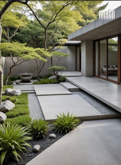 desain taman minimalis Modern Villa Landscape, Modern Garden Landscaping, Residential Landscape, Zen Garden Design, Courtyard Gardens Design, Modern Backyard Landscaping, Courtyard Design, Home Decor Aesthetic, Outdoor Living Design