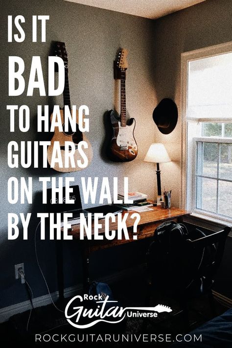 Is It Bad To Hang Guitars On The Wall By The Neck? – Rock Guitar Universe Hang Guitar On Wall, Guitars On The Wall, Guitar Hanging Ideas, Guitar Room Decor, Room Aesthetic Grunge, Room Aesthetic Dark, Ukulele Wall Mount, Hanging Guitars, Music Room Office