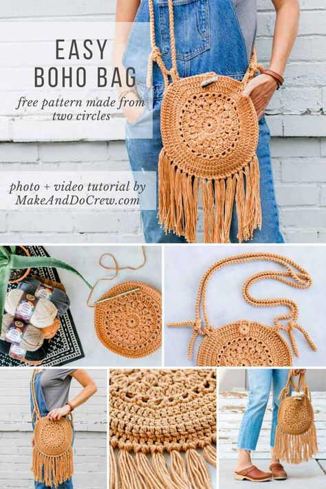 Learn how to make a stylish, fringed crochet boho purse from two simple circles in this free pattern + video tutorial. Bohemian style is so on-trend and this hippie bag looks far from DIY-ed. Perfect size for festivals or date nights.  #crochet #freepattern #boho #videotutorial #fringe #hippie #purse #bag via @makeanddocrew Crochet Boho Purse, Purse Patterns Free, Boho Crochet Patterns, Tote Crochet, Make And Do Crew, Crochet Boho Bag, Hippie Purse, Circle Purse, Boho Purse