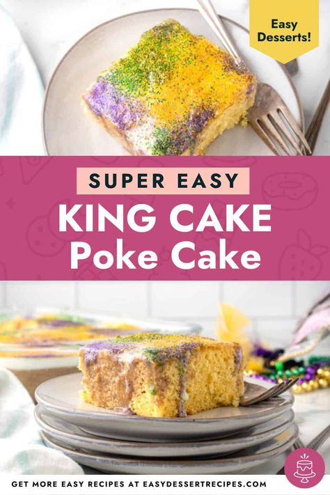 This king cake poke cake is made with a vanilla pudding and yellow cake mix. It’s flavorful, rich, and colorful—perfect for celebrating Mardi Gras season. Homemade King Cake Recipe, Homemade King Cake, Easy King Cake, Fall Desserts Thanksgiving, Cake Poke, Mardi Gras Desserts, King Cake Recipe Easy, Mardi Gras Cake, King Cakes