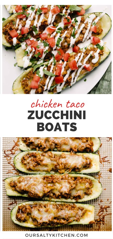 Chicken taco zucchini boats are a low carb dream dinner, with ground chicken taco stuffing, melty shredded cheese, and homemade taco seasoning. And they're not just a great way to mind your carbs on a keto diet - they're also a great way to introduce veggies to picky eaters! With lots of ways to make this your way, taco stuffed zucchini is a super clean, super easy way to get dinner on the table, fast. Dinner With Ground Chicken, Zucchini Boats Keto, Taco Zucchini Boats, Baked Stuffed Zucchini, Taco Zucchini, Veggie Alfredo, Taco Stuffed Zucchini, Ground Chicken Tacos, Shredded Chicken Tacos