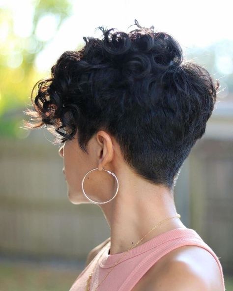 Curly Pixie Undercut Shaved Sides, Thick Curly Pixie Haircut, Curly Short Hairstyles For Women, Short Permed Hair Pixie, Curly Pixie With Undercut, Short Hair Perm Pixie Cuts, Curly Undercut Women, Feminine Pixie Haircut Curly, Short Haircuts For Curly Hair Women