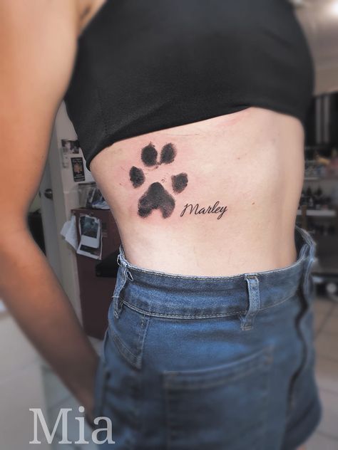 Dog Paw Print Tattoo Placement, Paw Print Rib Tattoo, Paw Print Tattoo Placement, Hawaiin Tattoo, Realistic Dog Tattoo, Paw Print Tattoo Dog, Dog Paw Print Tattoo, Front Shoulder Tattoos, Dog Nose Print