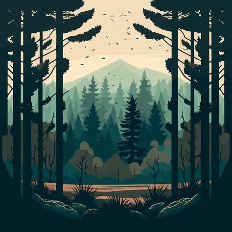 Mist Forest, Woodland Mural, Conifer Forest, Landscape With Trees, Forest Drawing, Wood Illustration, Monochromatic Art, Pine Trees Forest, River Forest