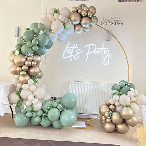 Green Gold Cream Balloon Garland, Olive Green Gold And White Balloons, Balloon Arch 3 Colors, Pastel Green Balloon Garland, Lilac And Sage Balloon Garland, Sage And Gold Balloon Arch, Green White And Gold Birthday Decorations, Balloon Arch 18th Birthday, Birthday Decorations Green Theme