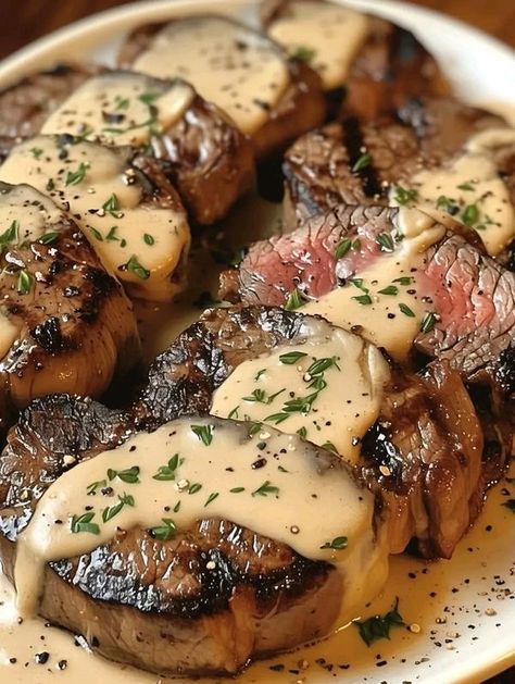 Chef Gordon Ramsay Recipes | Steak with Haunted Bourbon Garlic Cream Sauce | Facebook Black Rock Sauce Recipe, Steak With Haunted Bourbon Garlic Cream Sauce, New York Strip Steak Dinner Ideas, Fine Dining Main Course, High End Food, Gordon Ramsay Recipes, Good Steak Recipes, Bourbon Steak, Strip Steaks