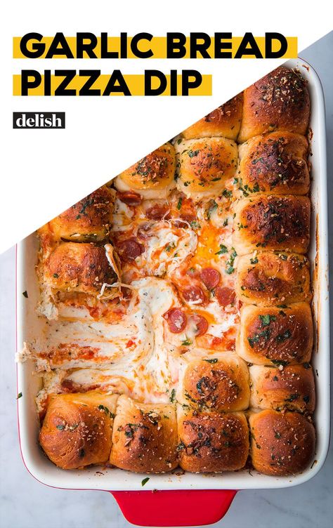 Pull-Apart Garlic Bread Is Everything We Love About Pizza In Dip FormDelish Garlic Bread Pizza Dip, Pizza Dip Recipes, Pull Apart Garlic Bread, Garlic Bread Pizza, Garlic Pizza, Pizza Dip, Pizza Sandwich, Bread Pizza, Superbowl Snacks