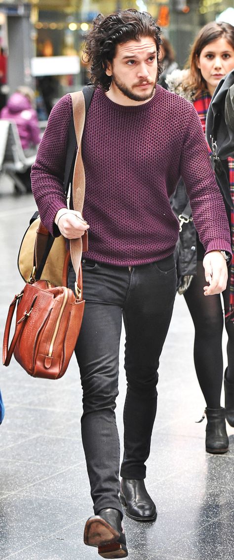 His casual pants and sweater Burgundy Sweater Outfit Men, Kit Harrington Style, Maroon Sweater Outfit, Jude Law Style, Burgundy Sweater Outfit, Chelsea Boots Outfits, Sweater Outfits Men, Kit Harrington, Mens Smart Casual Outfits