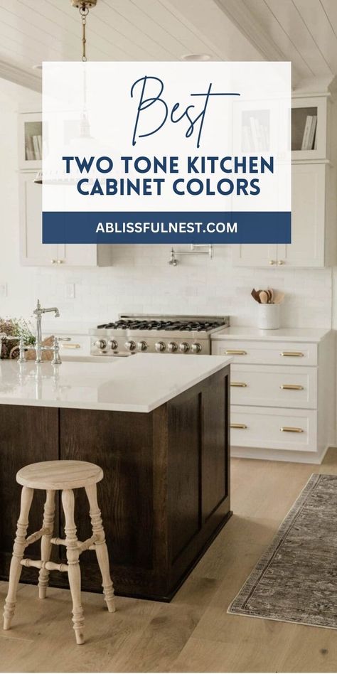 Discover the best two tone kitchen cabinet colors with this guide! These combinations are perfect for adding depth and charm to your space. Whether you prefer bold contrasts or subtle blends, we’ve got you covered. #kitchendesign #twotonecabinets #kitcheninspiration White Cabinets With Dark Island, 2 Tone Kitchen Cabinets, Two Tone Kitchen Cabinets Color Combinations, Classic Timeless Kitchen, Island Cabinet, White Upper Cabinets, Kitchen Pop, Kitchen Cabinets Color Combination, Off White Cabinets