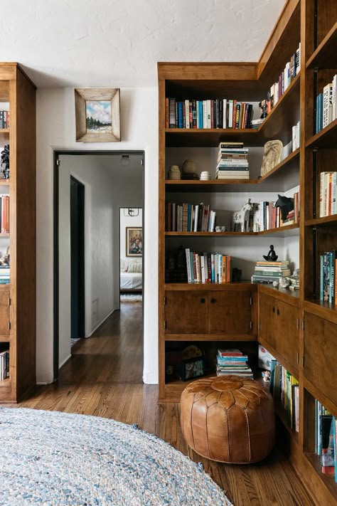 wood book shelves Painted Interior Door, Cool Secret Rooms, Bold Paint Colors, Dark Paint Colors, Library Inspiration, Unique Flooring, Emily Henderson, Room Transformation, Secret Rooms