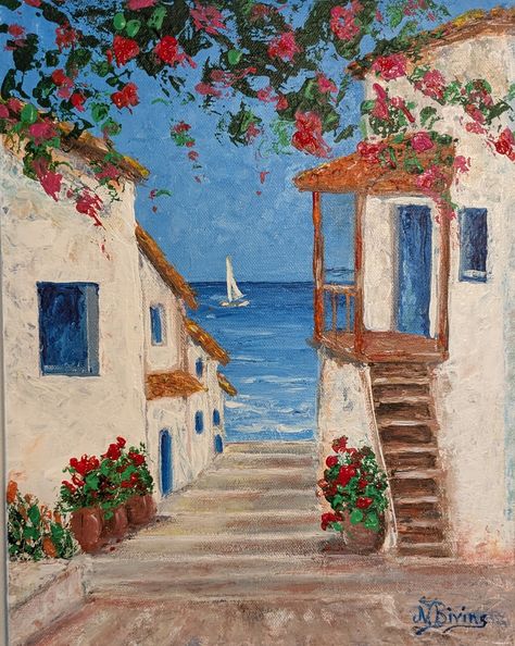 This is an 11 x 14 acrylic on canvas Mediterranean Greek Islands village alley to the sea . #greece #greeceislands #acryliconcanvas #mediterranean #mediterraneanart #mediterraneanpainting #artoftheday🎨 #artoftheday #artpost #wallart #walldecor #sea #acrylicpainting #acrylicpaintings Painting Ideas On Canvas Greece, Greece Inspired Painting, Painting Ideas On Canvas Italy, Greek Island Paintings, Greece Painting Easy, Painting Ideas Sea, Canvas Sea Painting, Greece Houses, Paint 2024