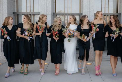 Black Casual Bridesmaid Dresses, Bridesmaids With Black Dresses, Stain Bridesmaid Dresses, Black Bridesmaid Dresses Colorful Shoes, Black Bridesmaid Dresses Spring Wedding, Black Bridesmaid Dresses With Colorful Shoes, Fall Black Bridesmaid Dresses, Black Bridesmaids Bouquets, Black Bridesmaid Dresses Midi