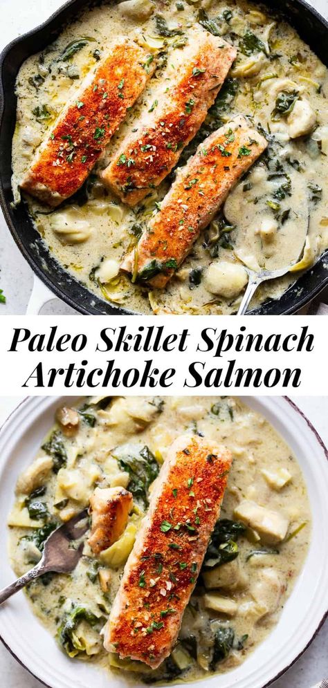 Spinach Artichoke Sauce, Healthy Paleo Lunch Ideas, Paleo Skillet Meals, Whole30 Sides Dishes, Pescatarian Paleo Recipes, Fish Whole 30 Recipes, Spinach Artichoke Salmon, Aip Seafood Recipes, Paleo Ham Recipes