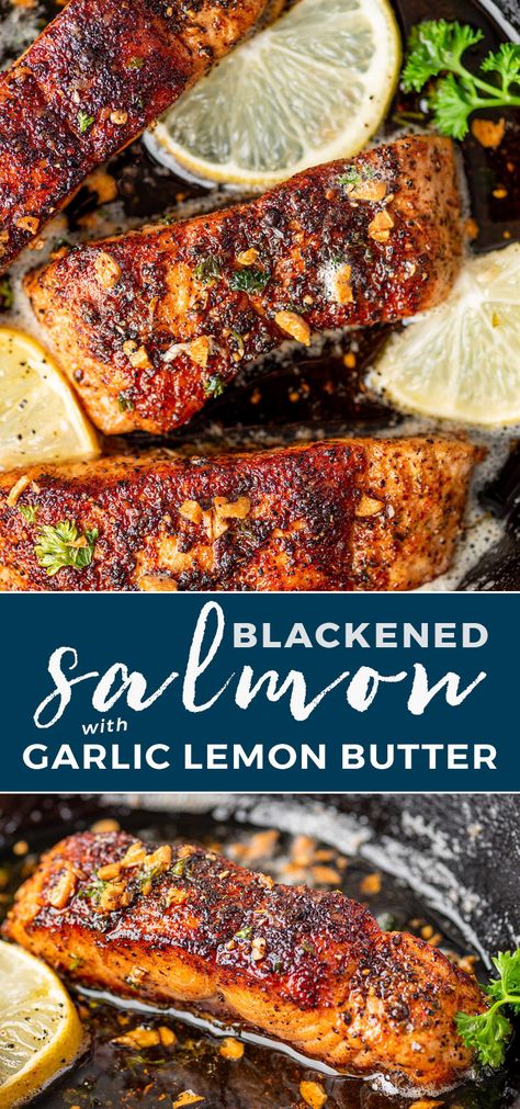 Blackened Salmon with Garlic Lemon Butter | Gimme Delicious Blackened Salmon With Lemon Butter Sauce, Sauce For Blackened Salmon, Salmon Blackened, Lemon Salmon Recipes, Salmon Sides, Blackened Salmon Recipes, Aubergine Salad, Lemon Butter Salmon, Gimme Delicious